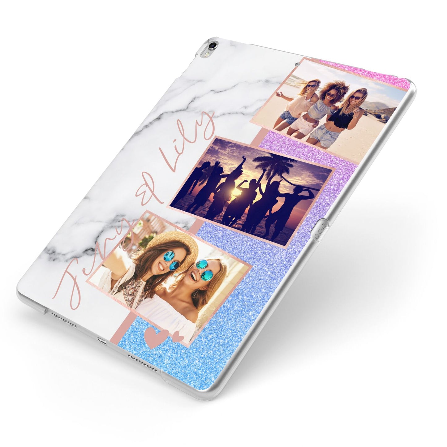 Glitter and Marble Photo Upload with Text Apple iPad Case on Silver iPad Side View