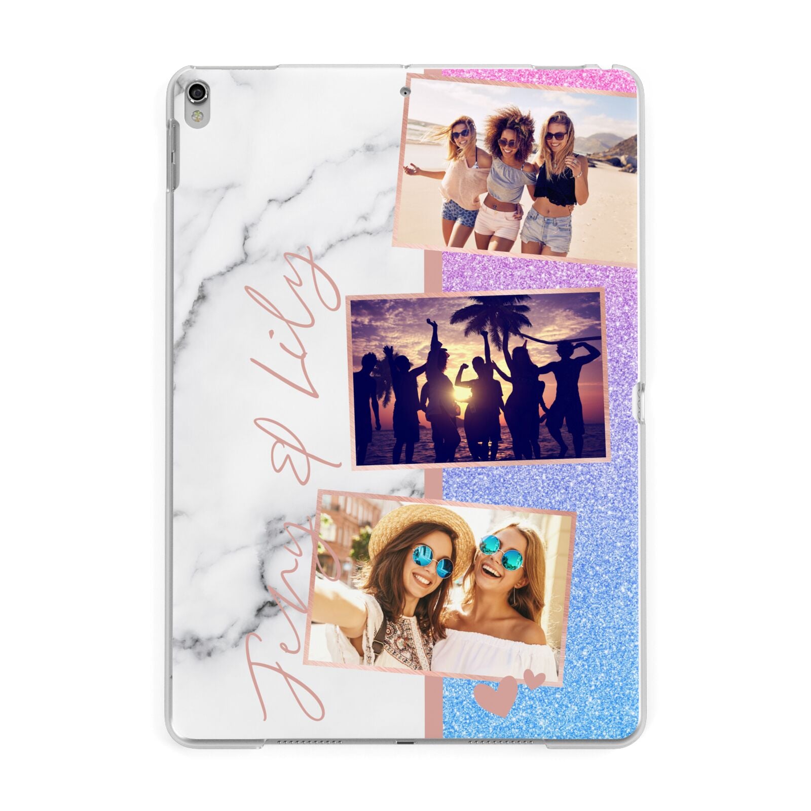Glitter and Marble Photo Upload with Text Apple iPad Silver Case