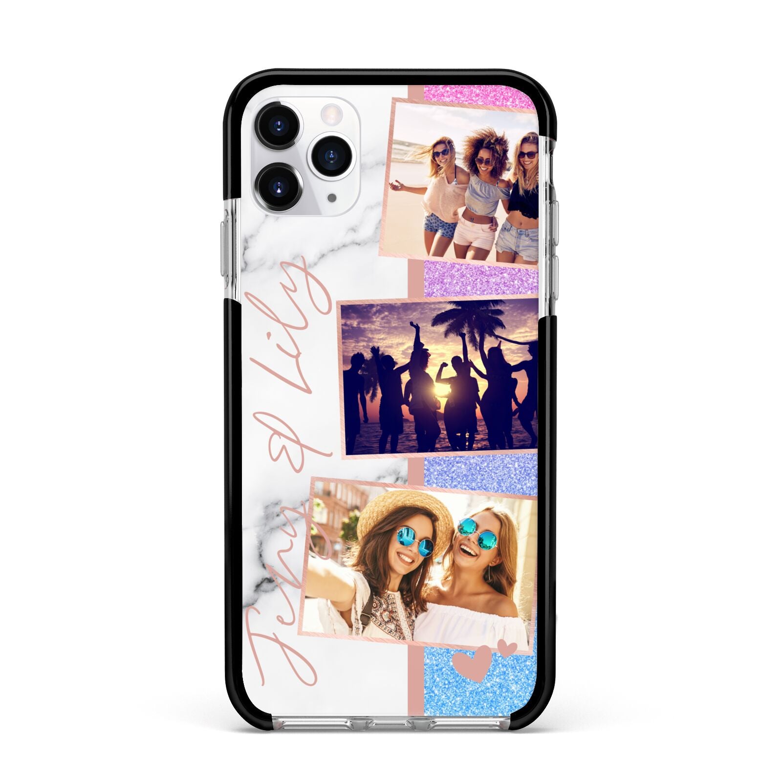 Glitter and Marble Photo Upload with Text Apple iPhone 11 Pro Max in Silver with Black Impact Case