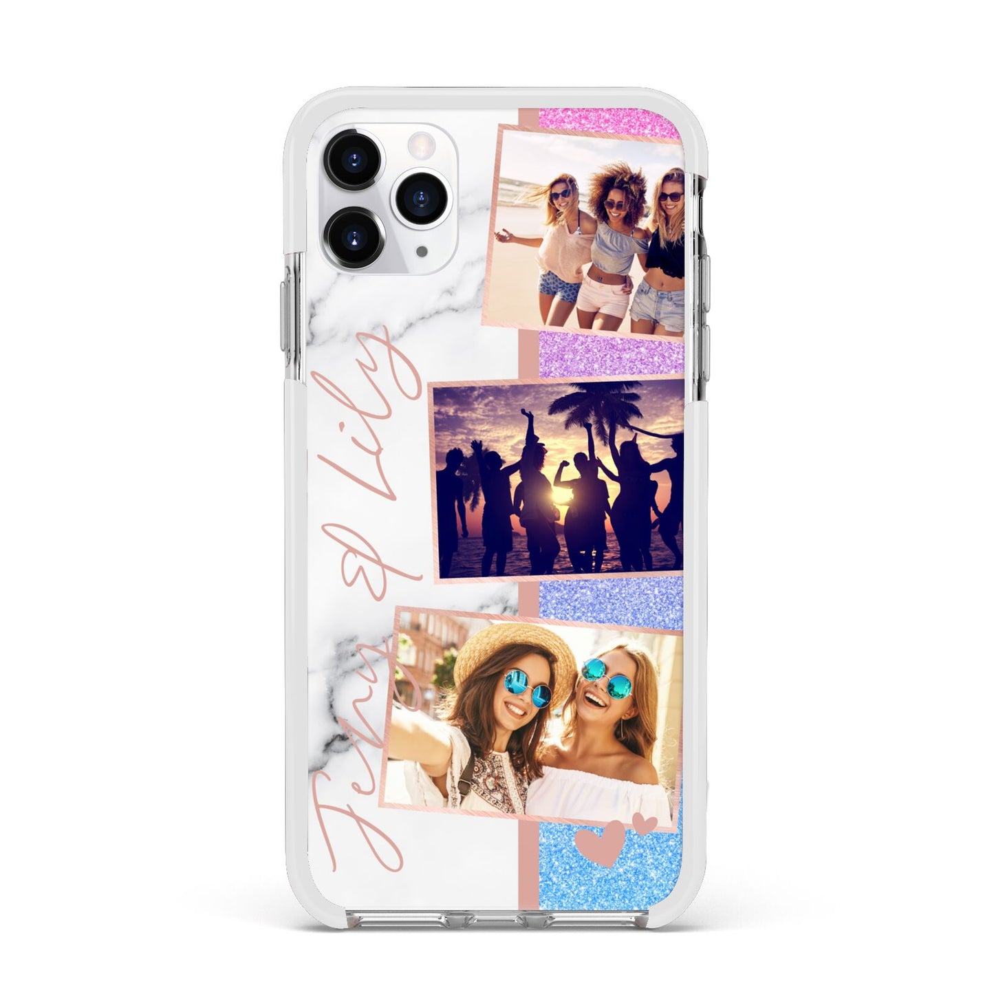 Glitter and Marble Photo Upload with Text Apple iPhone 11 Pro Max in Silver with White Impact Case
