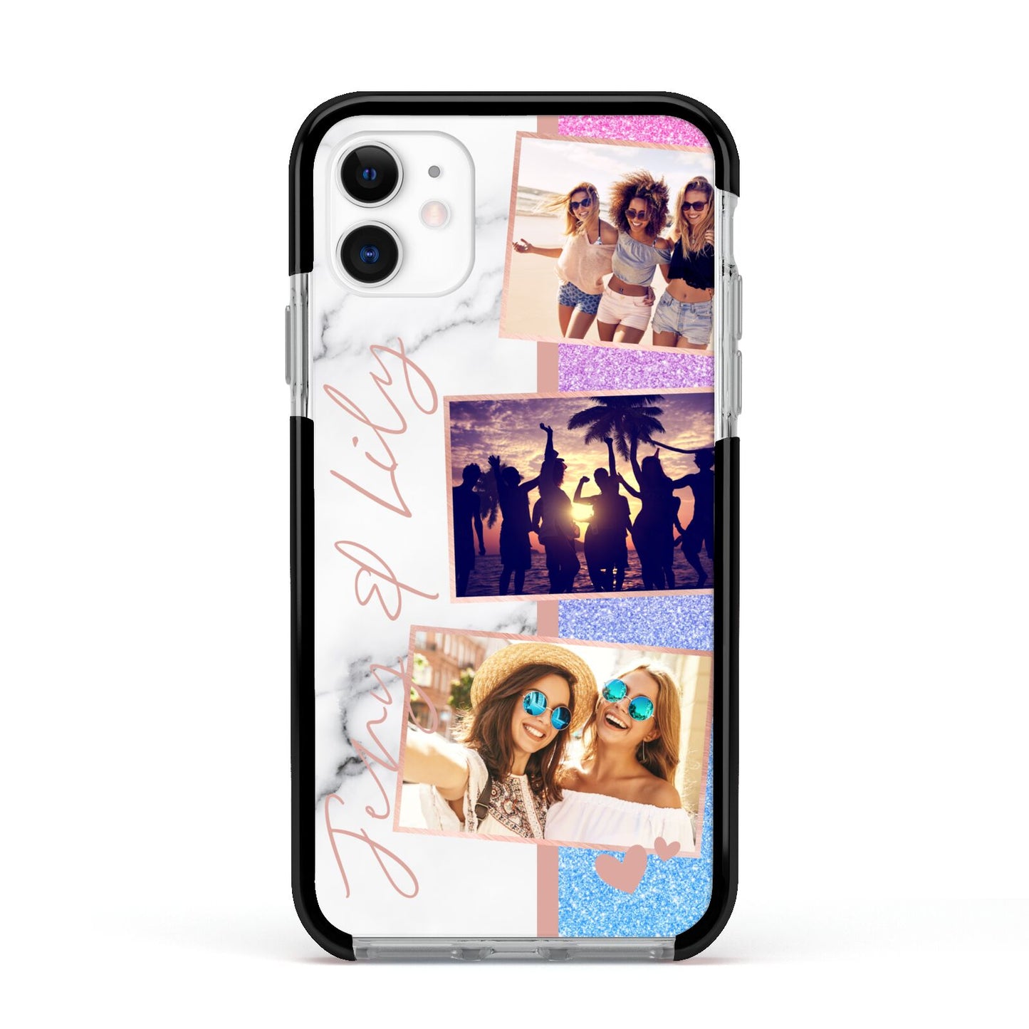 Glitter and Marble Photo Upload with Text Apple iPhone 11 in White with Black Impact Case