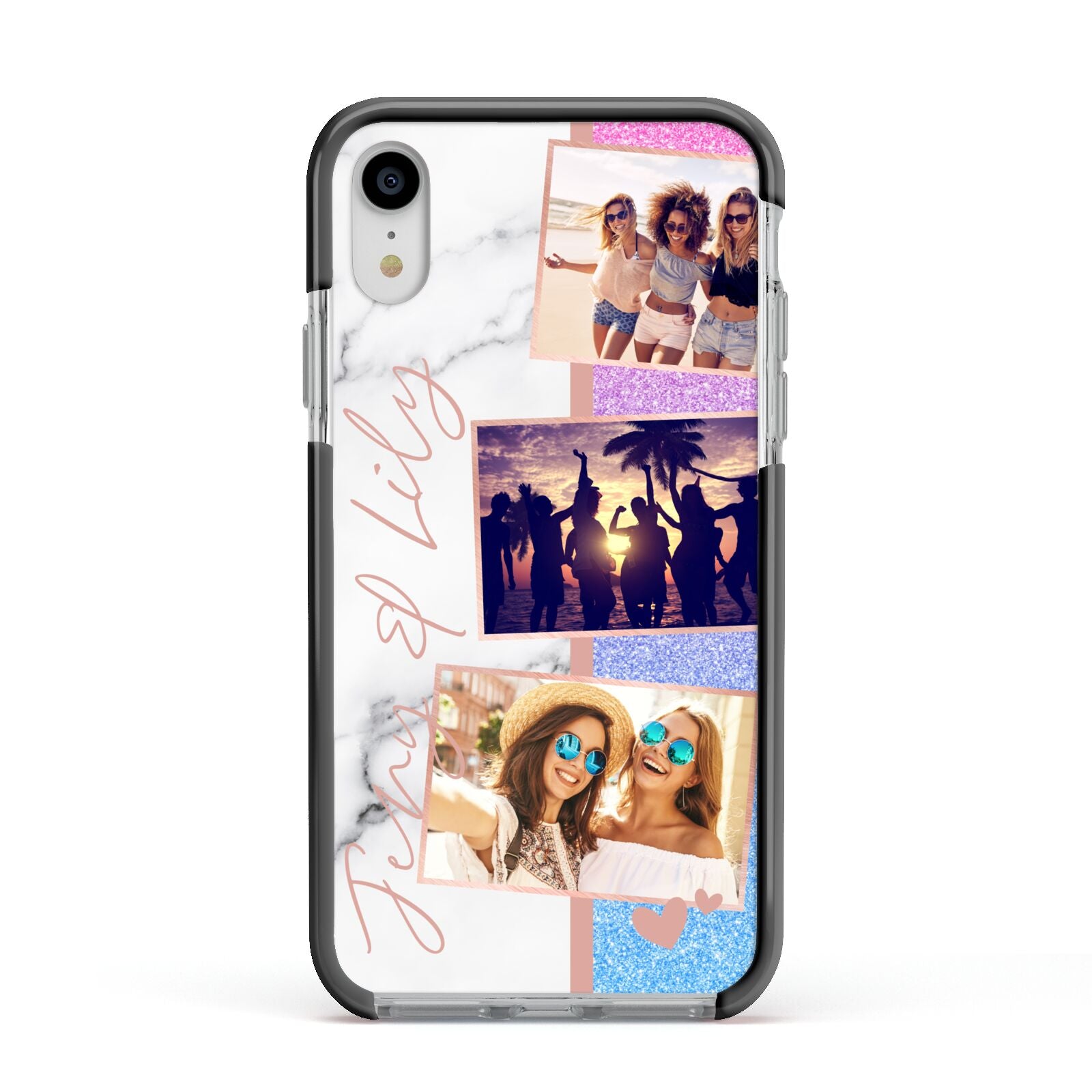 Glitter and Marble Photo Upload with Text Apple iPhone XR Impact Case Black Edge on Silver Phone