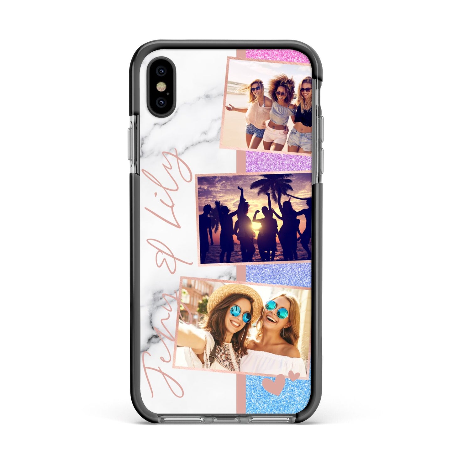 Glitter and Marble Photo Upload with Text Apple iPhone Xs Max Impact Case Black Edge on Black Phone