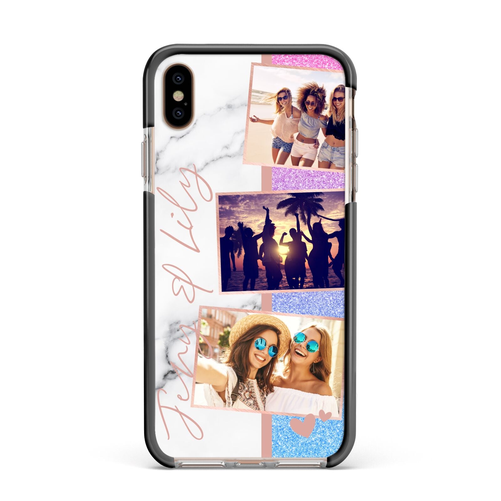 Glitter and Marble Photo Upload with Text Apple iPhone Xs Max Impact Case Black Edge on Gold Phone