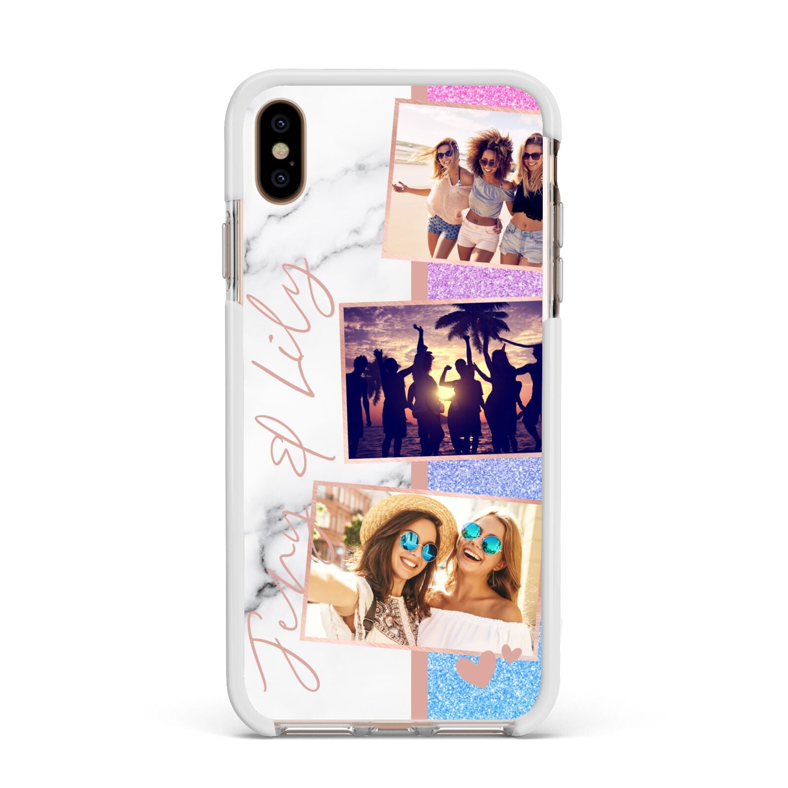 Glitter and Marble Photo Upload with Text Apple iPhone Xs Max Impact Case White Edge on Gold Phone