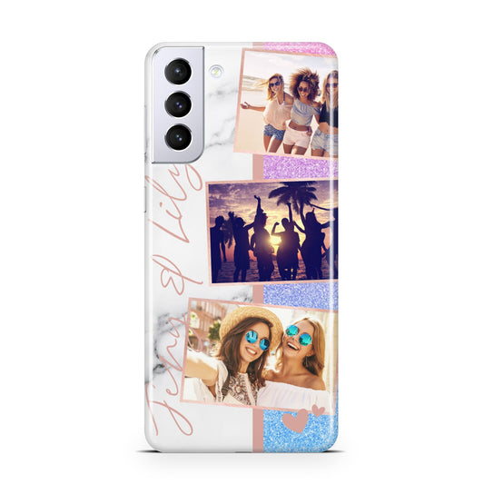 Glitter and Marble Photo Upload with Text Samsung S21 Plus Phone Case