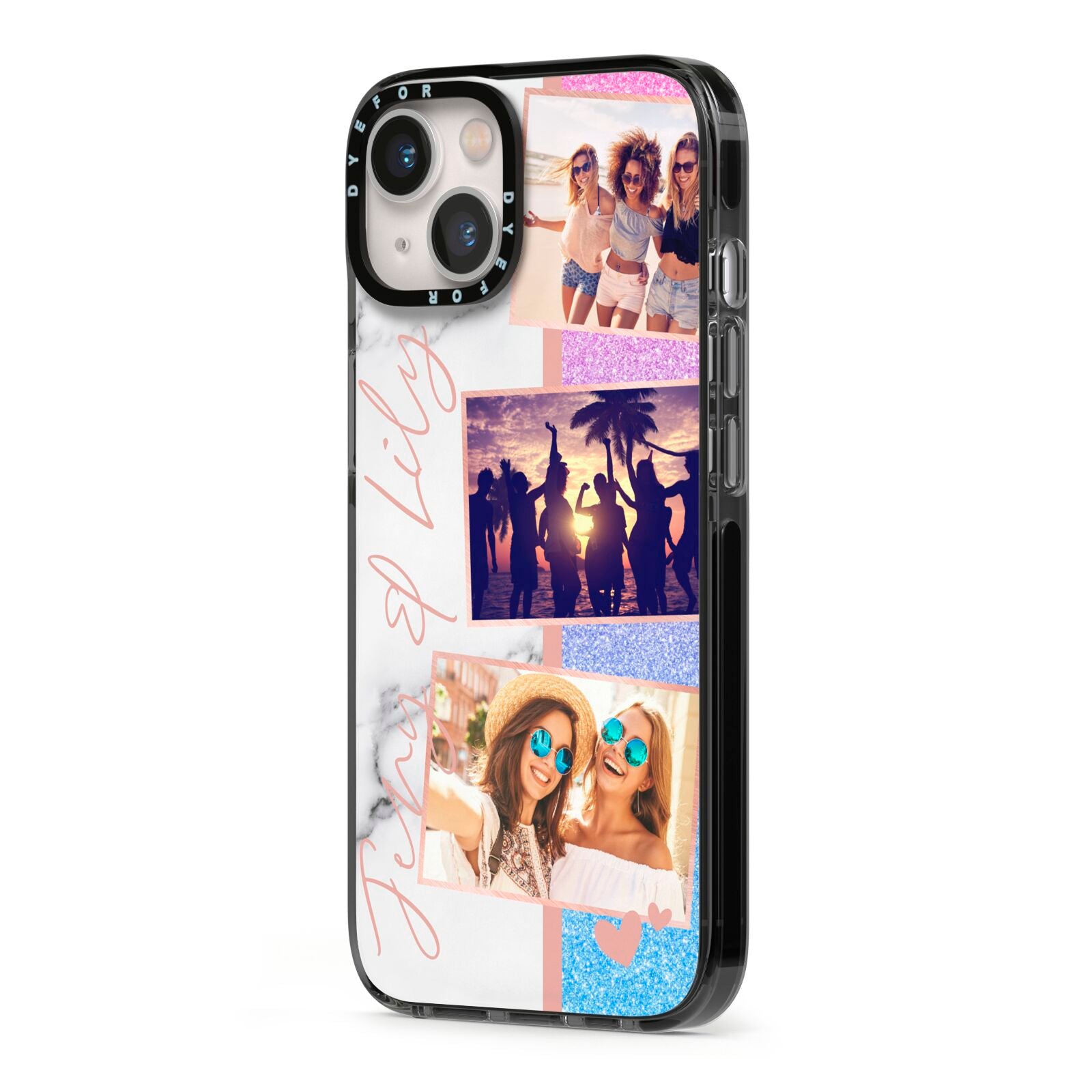 Glitter and Marble Photo Upload with Text iPhone 13 Black Impact Case Side Angle on Silver phone