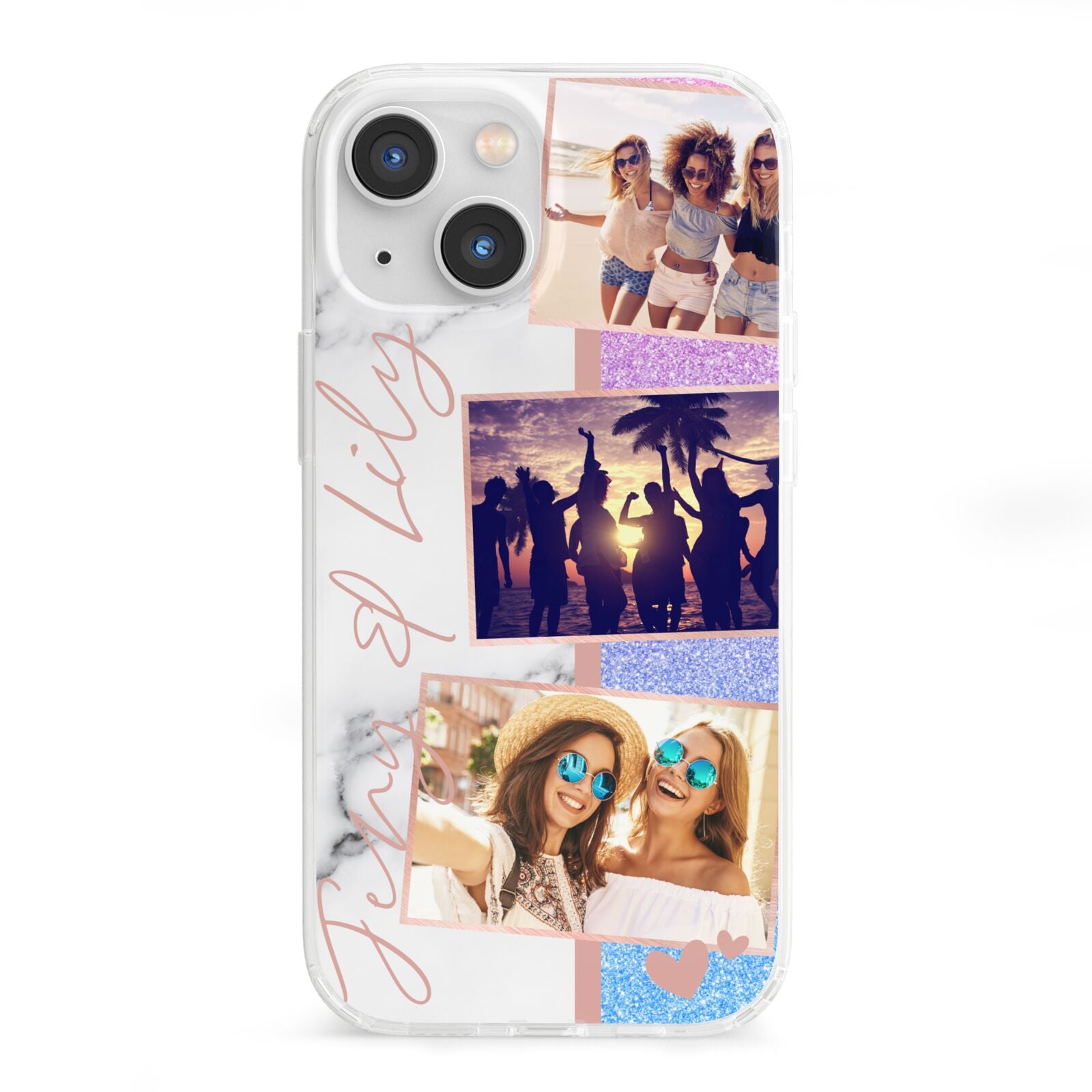 Glitter and Marble Photo Upload with Text iPhone 13 Mini Clear Bumper Case