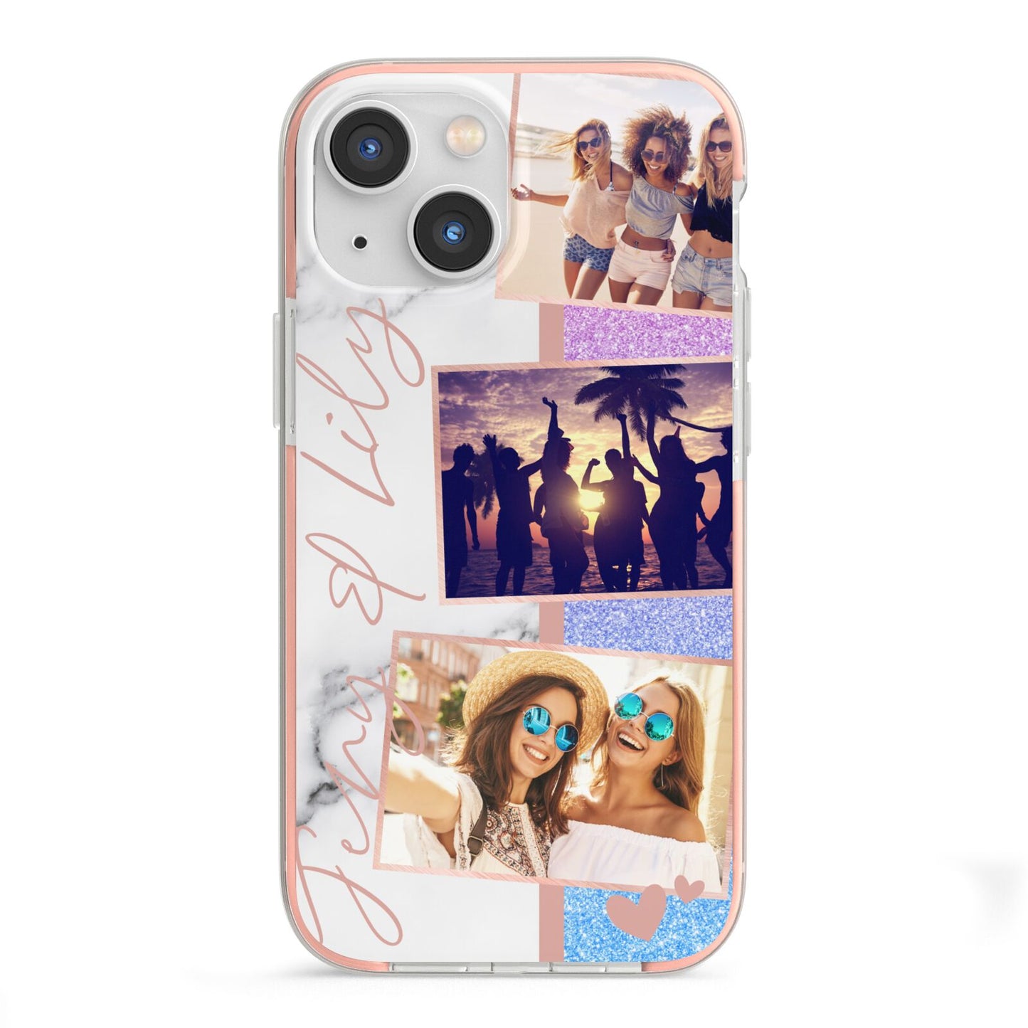Glitter and Marble Photo Upload with Text iPhone 13 Mini TPU Impact Case with Pink Edges