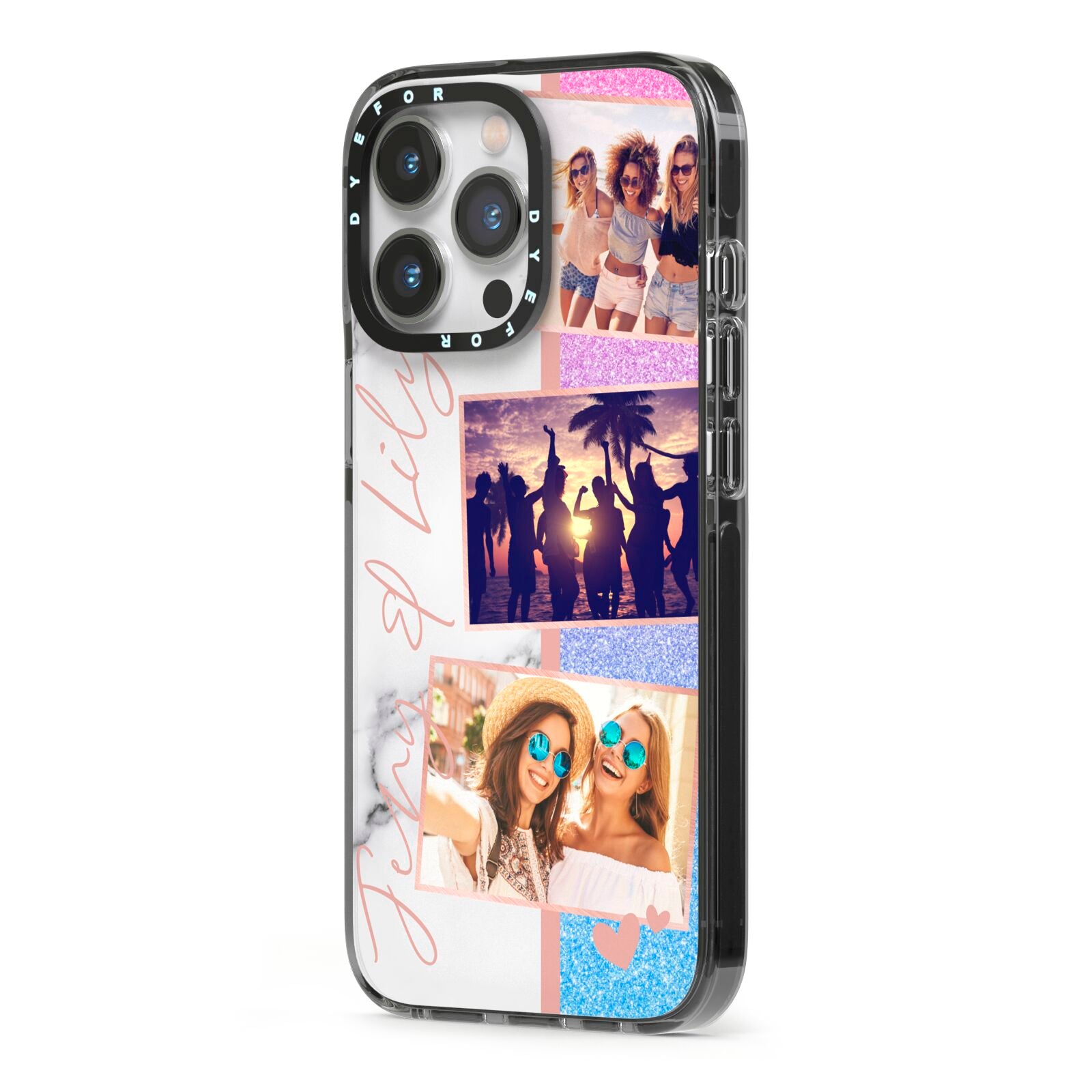 Glitter and Marble Photo Upload with Text iPhone 13 Pro Black Impact Case Side Angle on Silver phone