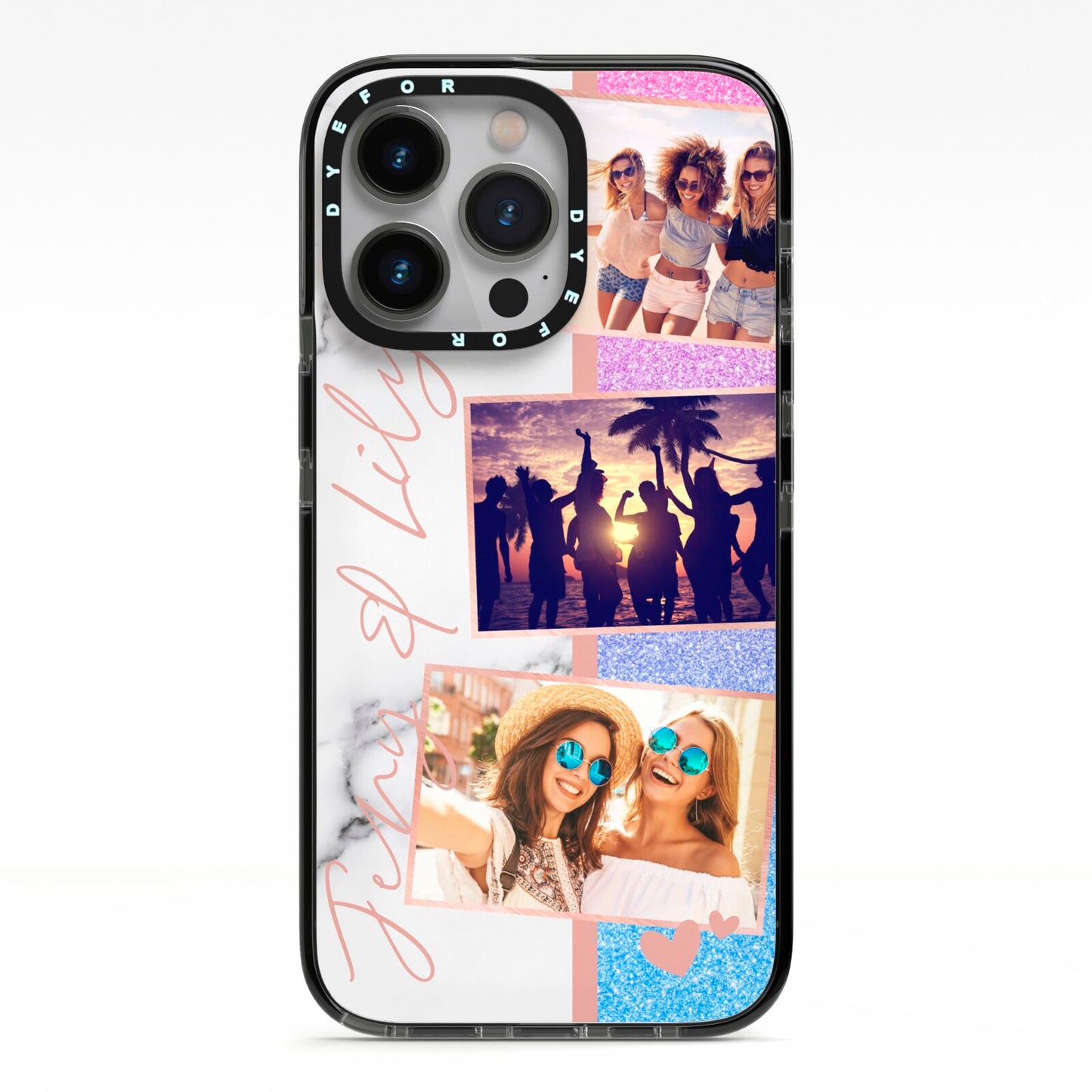 Glitter and Marble Photo Upload with Text iPhone 13 Pro Black Impact Case on Silver phone