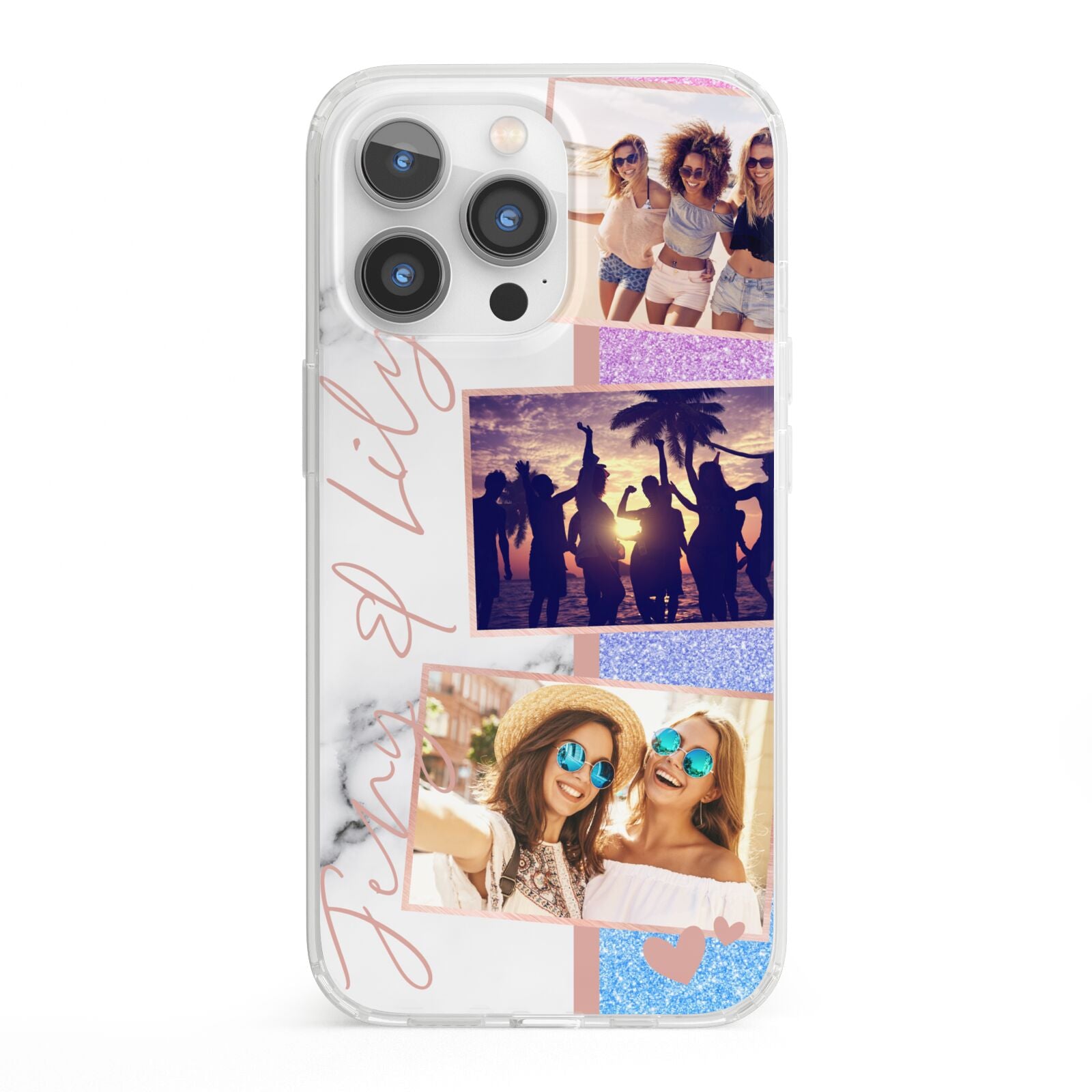 Glitter and Marble Photo Upload with Text iPhone 13 Pro Clear Bumper Case