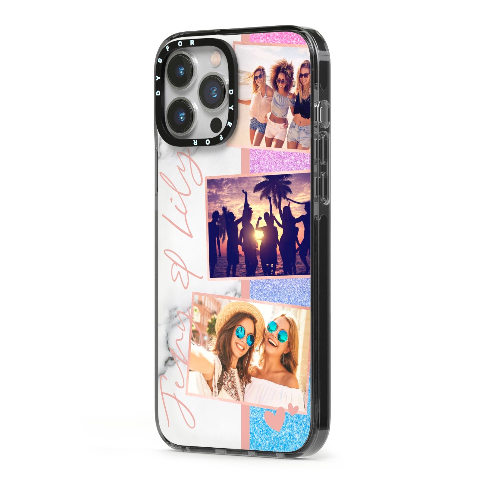 Glitter and Marble Photo Upload with Text iPhone 13 Pro Max Black Impact Case Side Angle on Silver phone