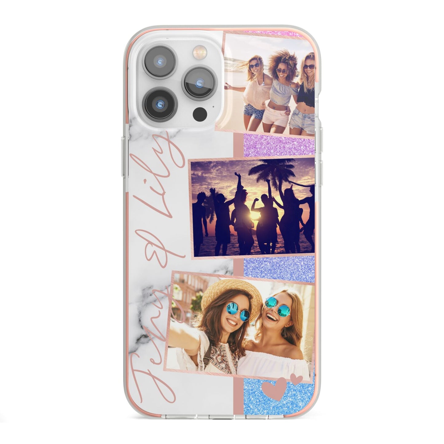 Glitter and Marble Photo Upload with Text iPhone 13 Pro Max TPU Impact Case with Pink Edges