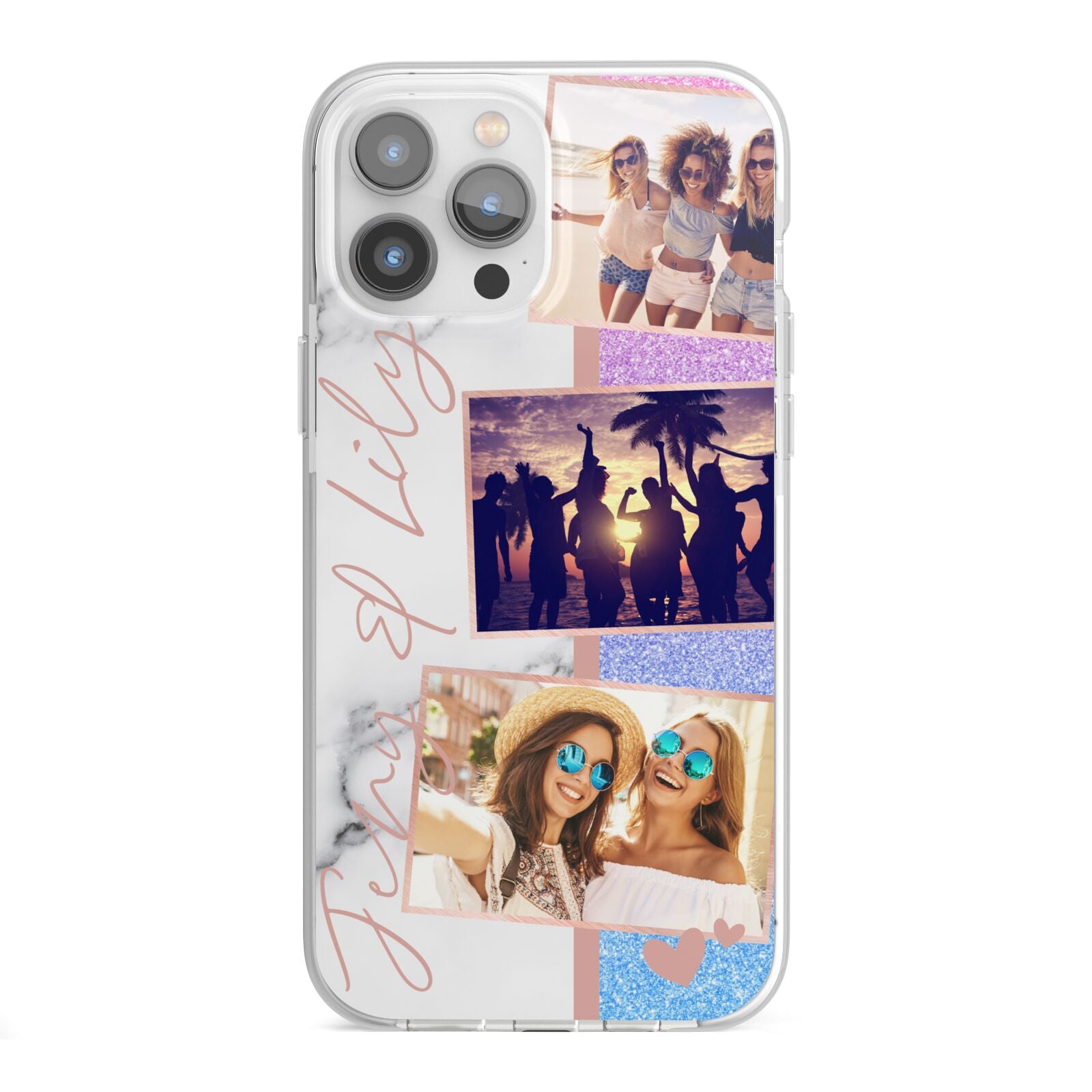 Glitter and Marble Photo Upload with Text iPhone 13 Pro Max TPU Impact Case with White Edges