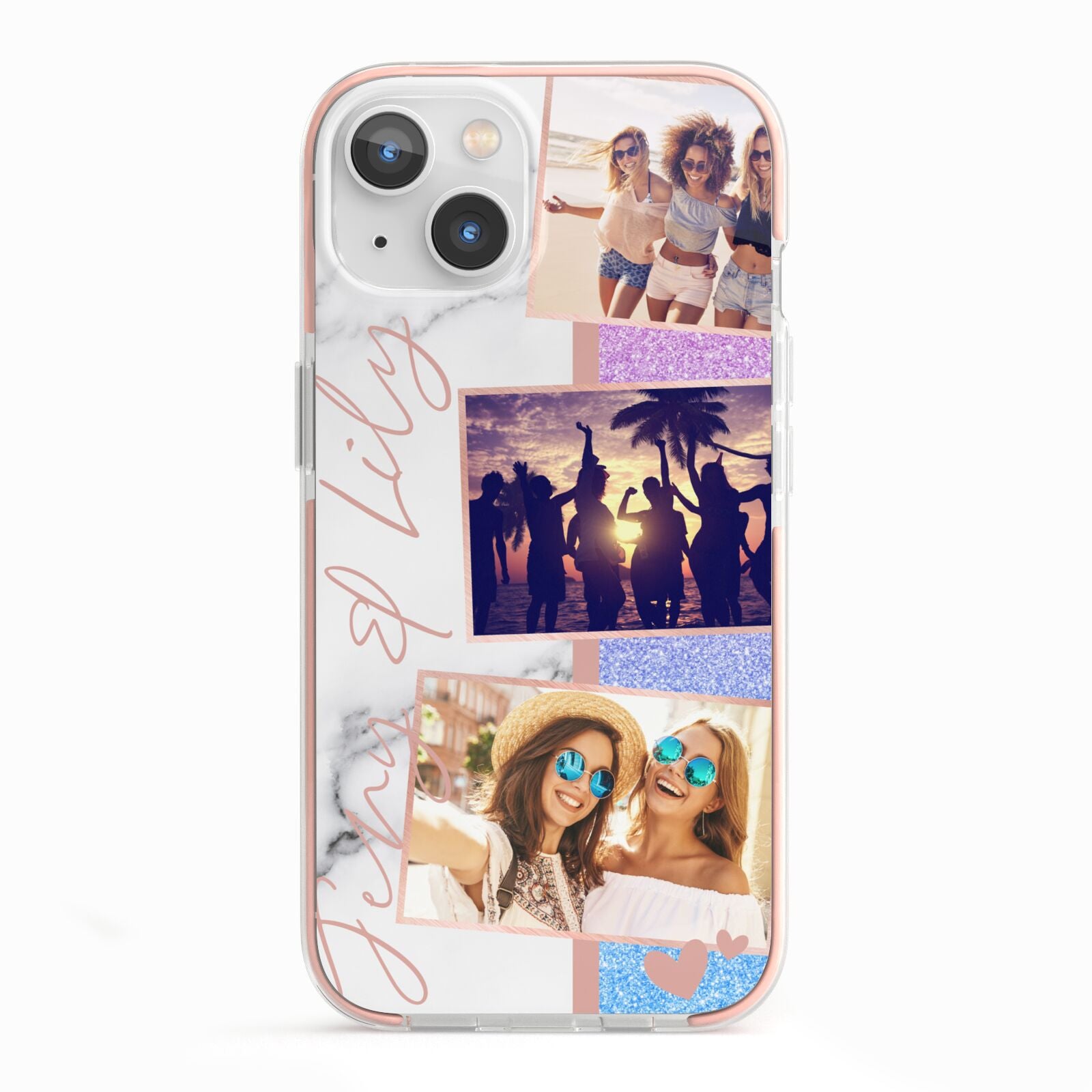 Glitter and Marble Photo Upload with Text iPhone 13 TPU Impact Case with Pink Edges