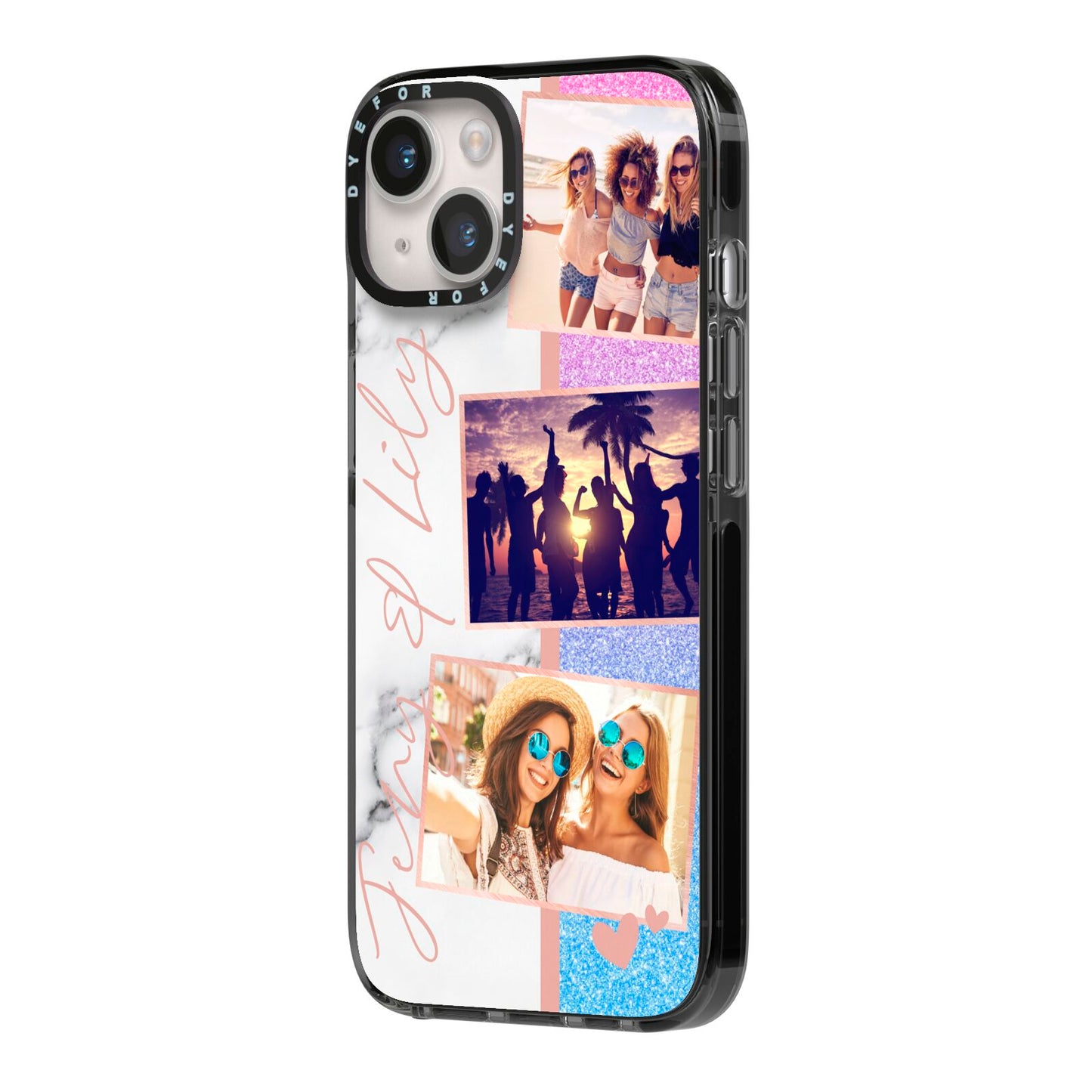Glitter and Marble Photo Upload with Text iPhone 14 Black Impact Case Side Angle on Silver phone