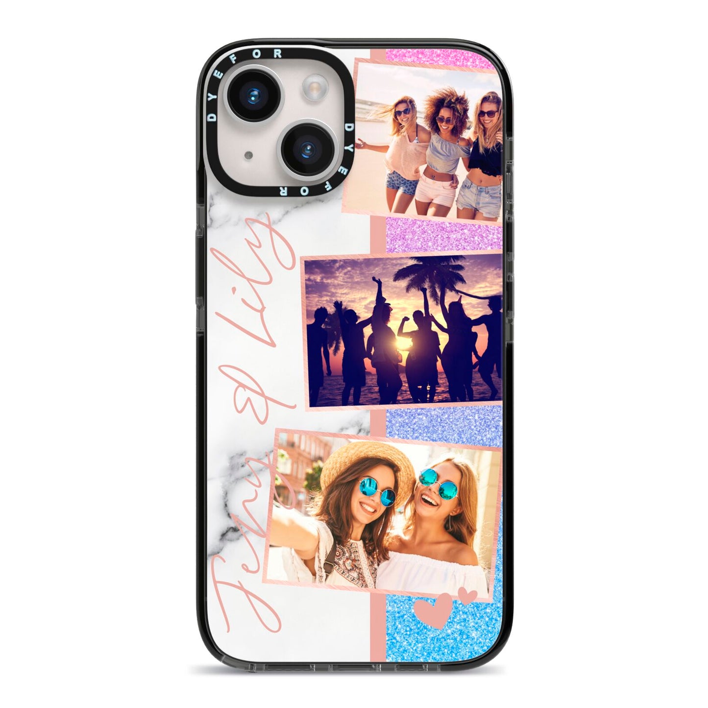 Glitter and Marble Photo Upload with Text iPhone 14 Black Impact Case on Silver phone