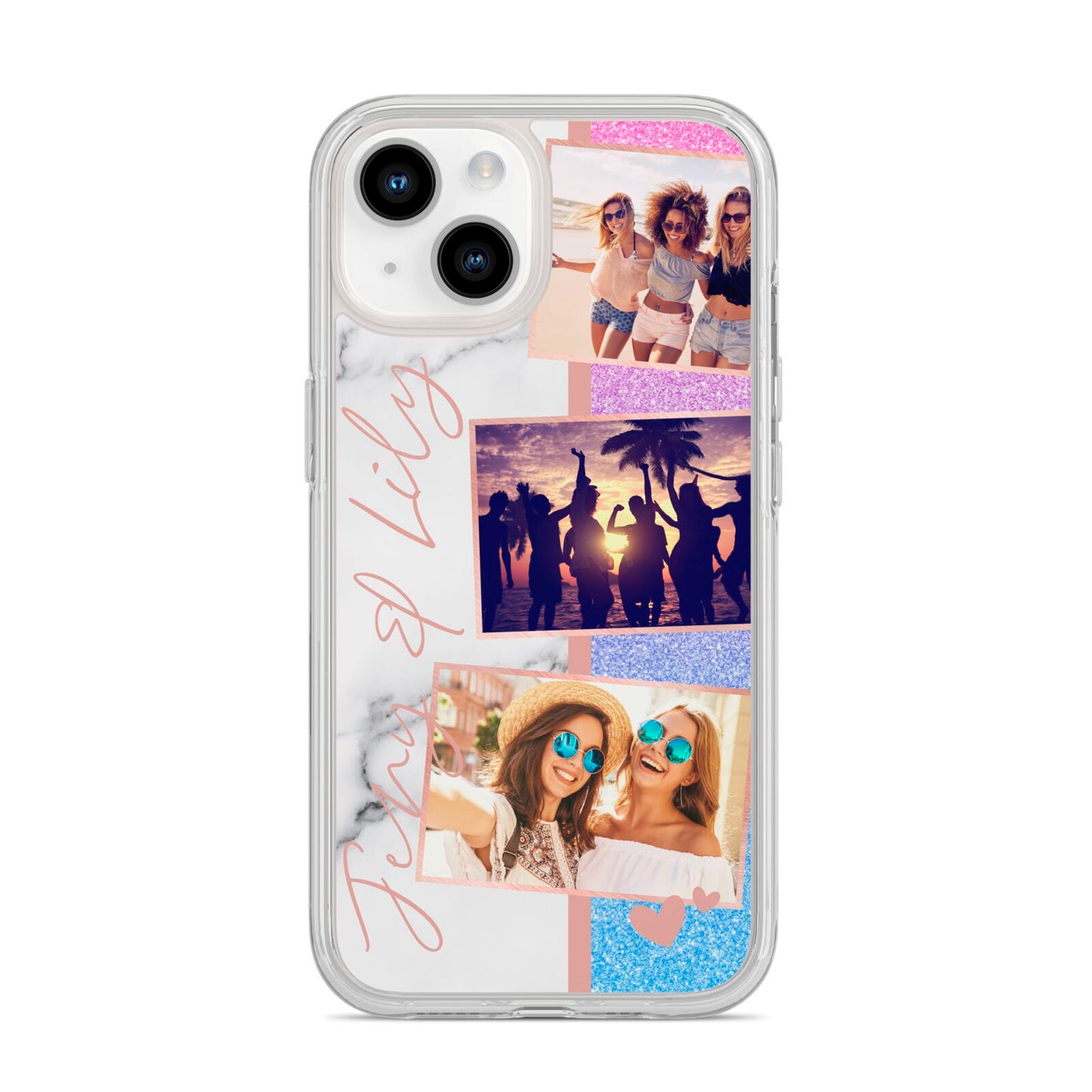 Glitter and Marble Photo Upload with Text iPhone 14 Clear Tough Case Starlight