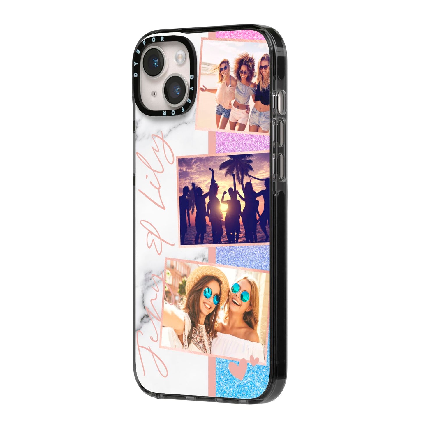 Glitter and Marble Photo Upload with Text iPhone 14 Plus Black Impact Case Side Angle on Silver phone