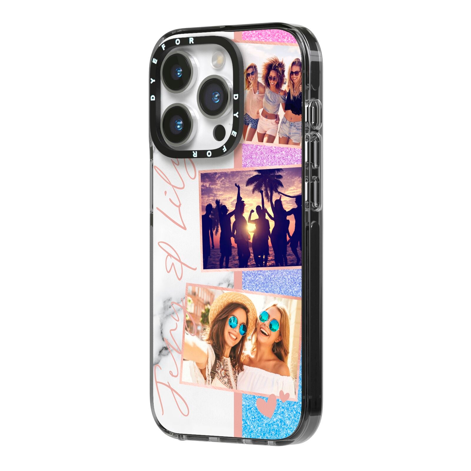 Glitter and Marble Photo Upload with Text iPhone 14 Pro Black Impact Case Side Angle on Silver phone