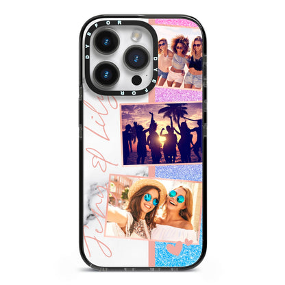 Glitter and Marble Photo Upload with Text iPhone 14 Pro Black Impact Case on Silver phone