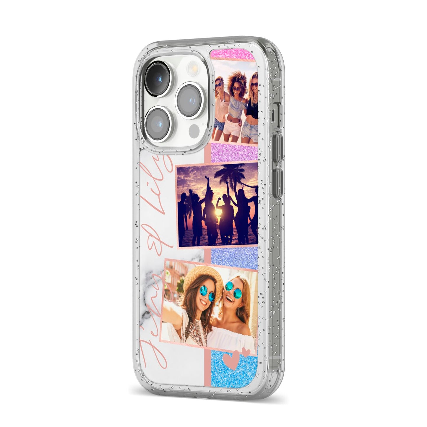 Glitter and Marble Photo Upload with Text iPhone 14 Pro Glitter Tough Case Silver Angled Image
