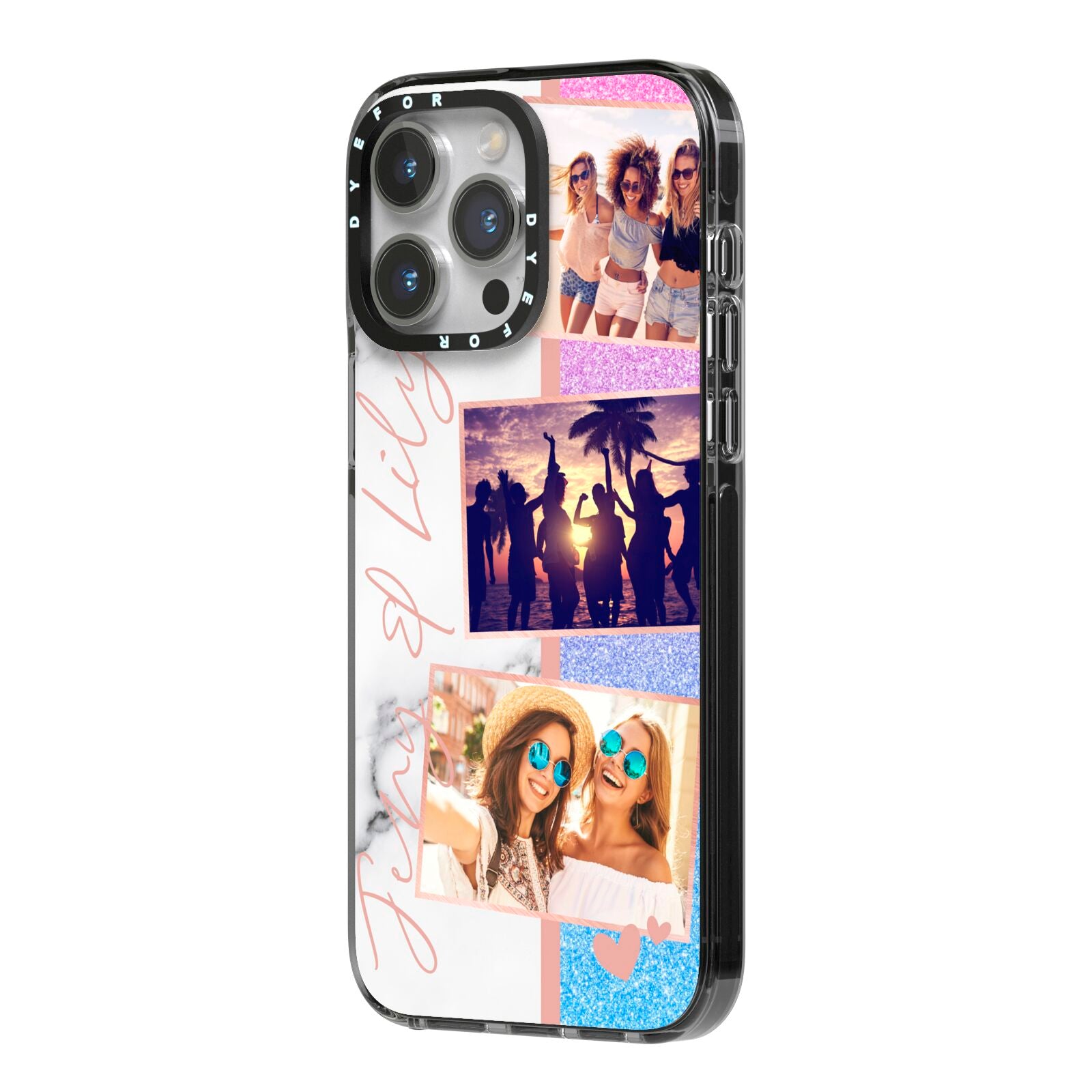 Glitter and Marble Photo Upload with Text iPhone 14 Pro Max Black Impact Case Side Angle on Silver phone