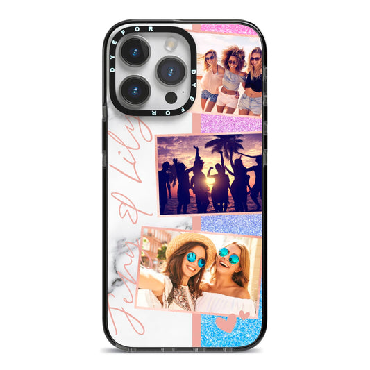 Glitter and Marble Photo Upload with Text iPhone 14 Pro Max Black Impact Case on Silver phone