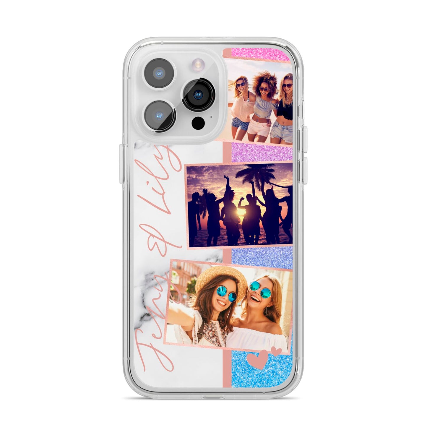 Glitter and Marble Photo Upload with Text iPhone 14 Pro Max Clear Tough Case Silver