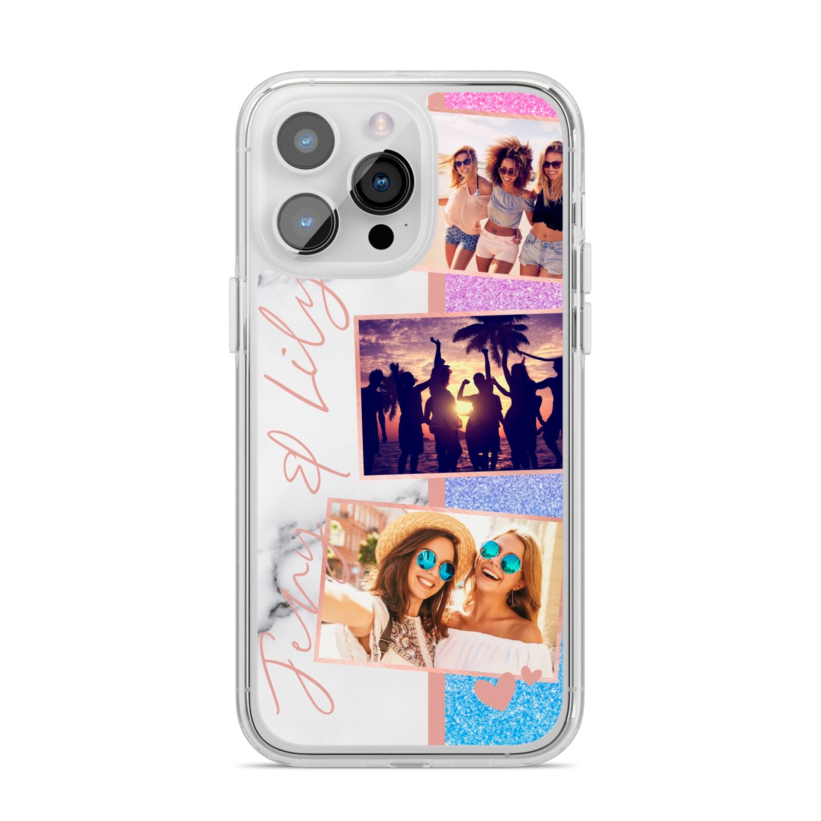 Glitter and Marble Photo Upload with Text iPhone 14 Pro Max Clear Tough Case Silver