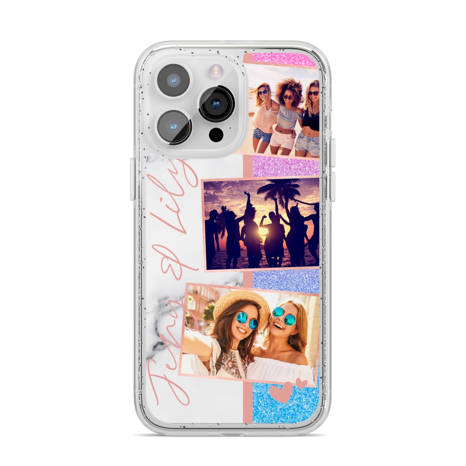 Glitter and Marble Photo Upload with Text iPhone 14 Pro Max Glitter Tough Case Silver