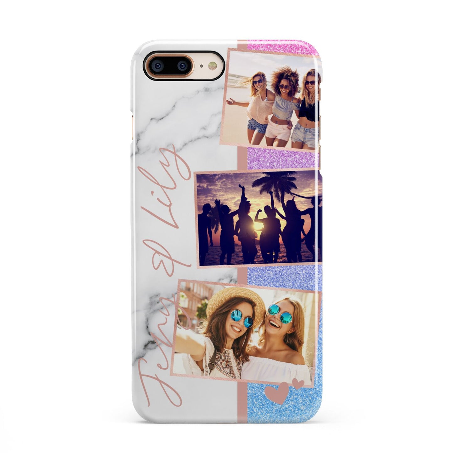 Glitter and Marble Photo Upload with Text iPhone 8 Plus 3D Snap Case on Gold Phone