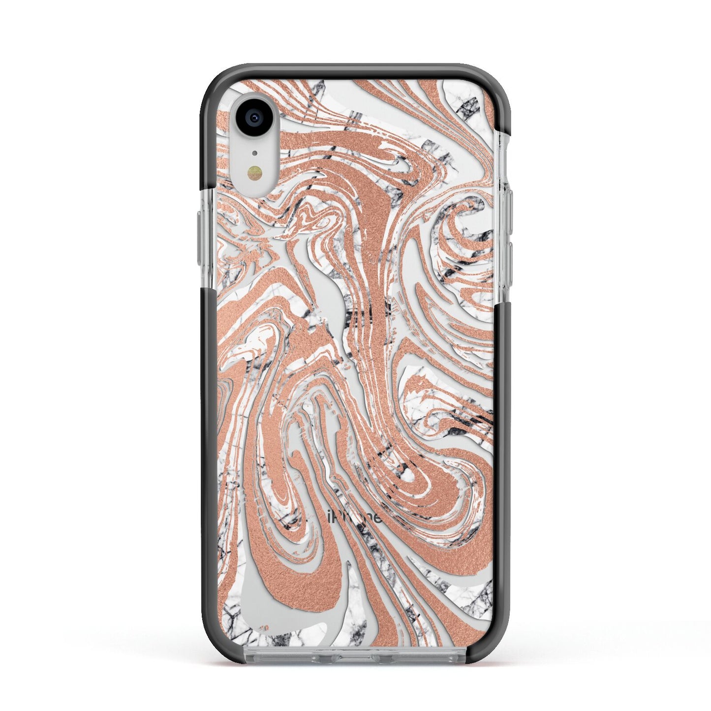 Gold And White Marble Apple iPhone XR Impact Case Black Edge on Silver Phone