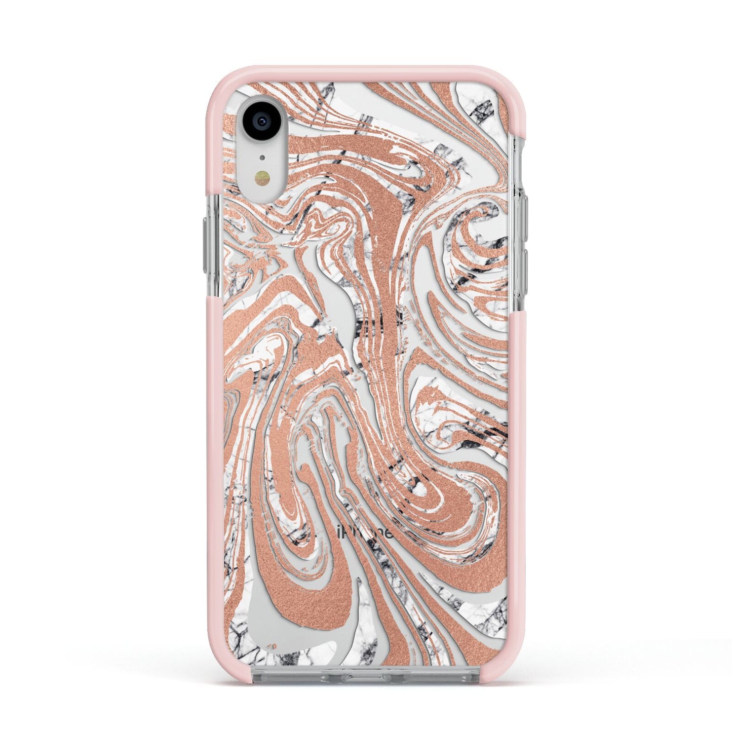 Gold And White Marble Apple iPhone XR Impact Case Pink Edge on Silver Phone