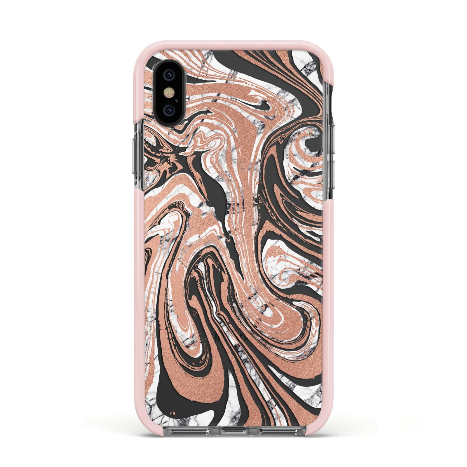 Gold And White Marble Apple iPhone Xs Impact Case Pink Edge on Black Phone