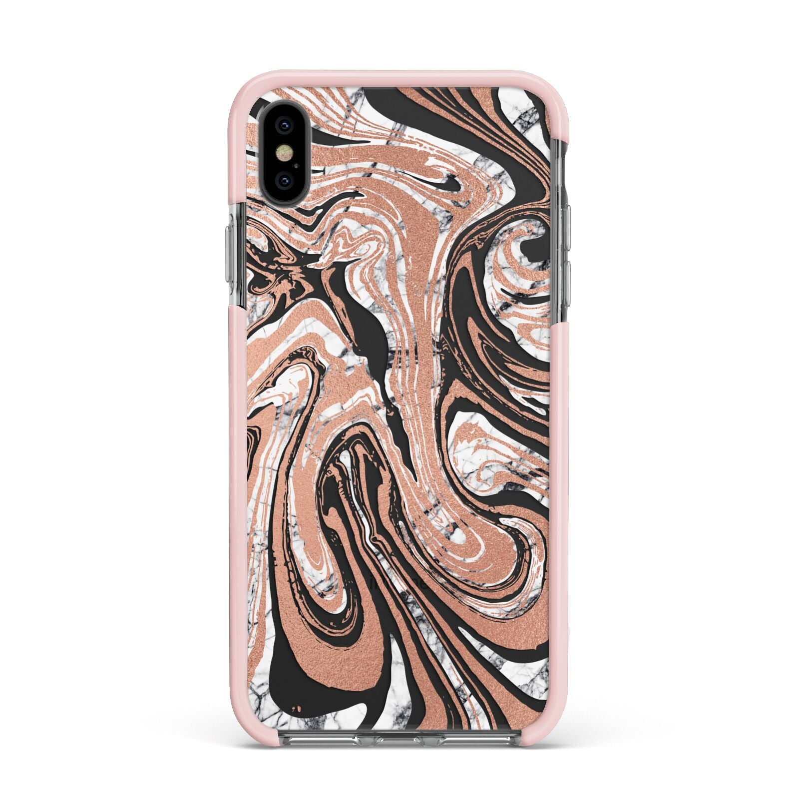 Gold And White Marble Apple iPhone Xs Max Impact Case Pink Edge on Black Phone
