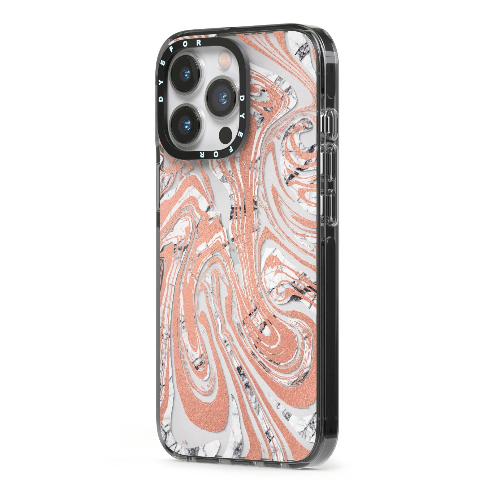 Gold And White Marble iPhone 13 Pro Black Impact Case Side Angle on Silver phone