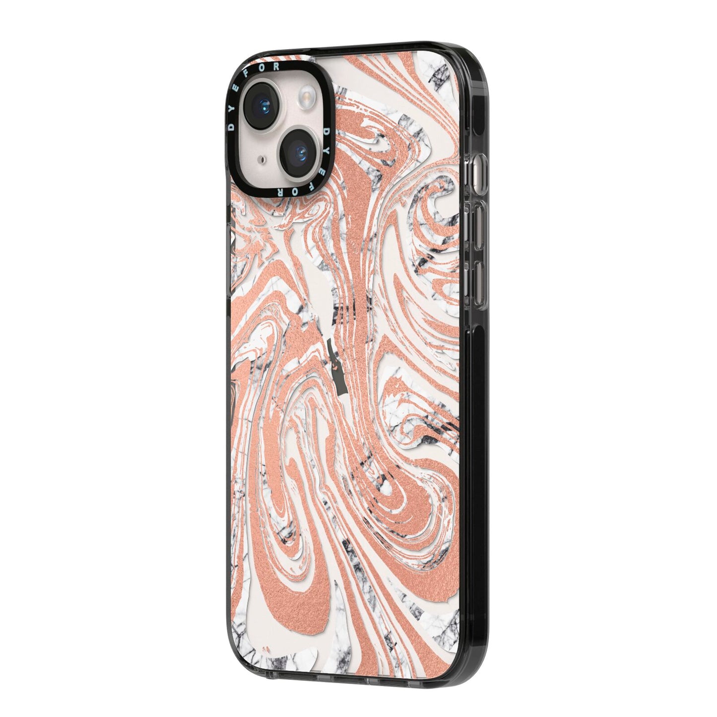 Gold And White Marble iPhone 14 Plus Black Impact Case Side Angle on Silver phone