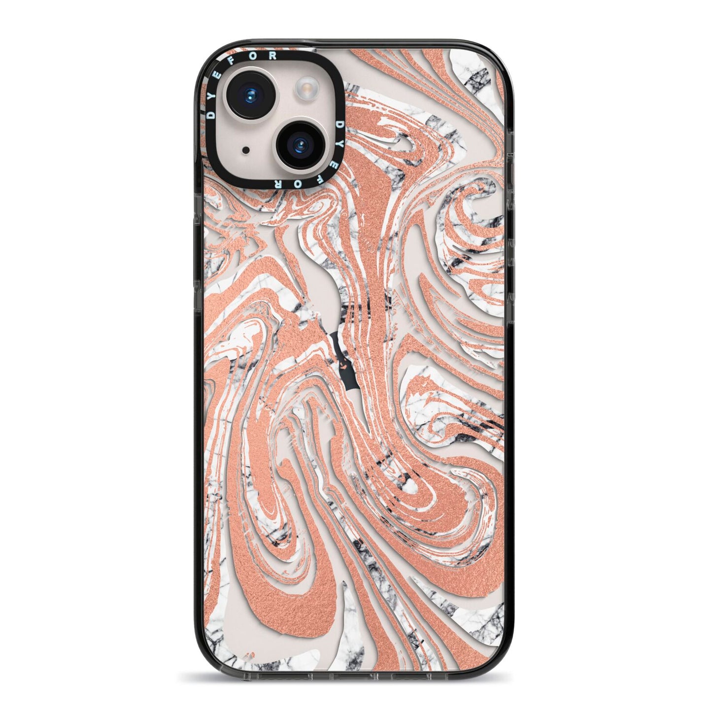 Gold And White Marble iPhone 14 Plus Black Impact Case on Silver phone