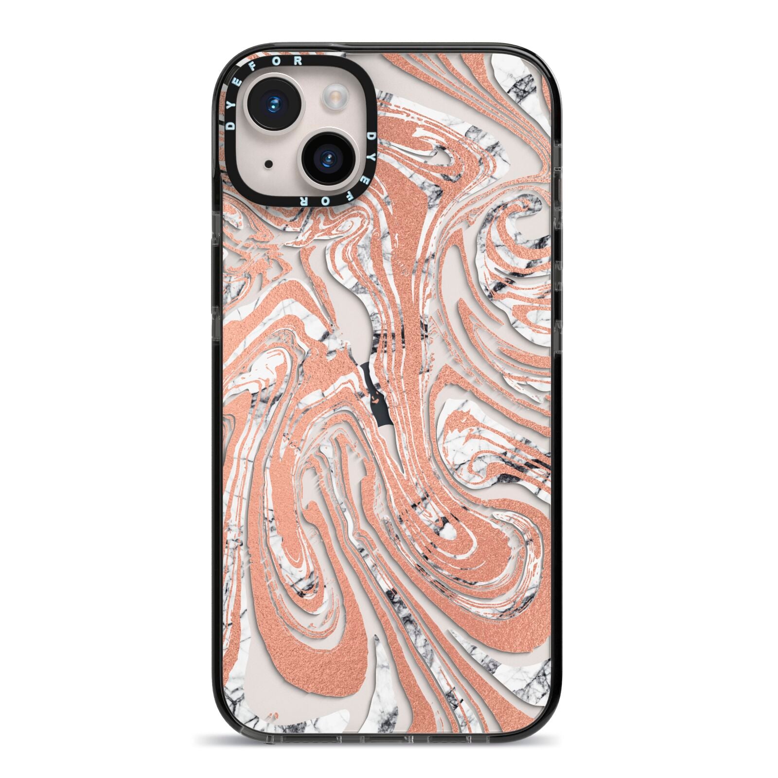 Gold And White Marble iPhone 14 Plus Black Impact Case on Silver phone