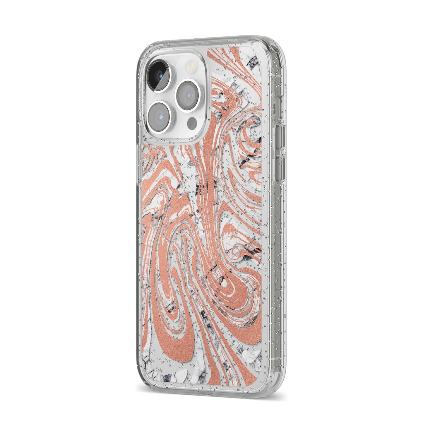 Gold And White Marble iPhone 14 Pro Max Glitter Tough Case Silver Angled Image
