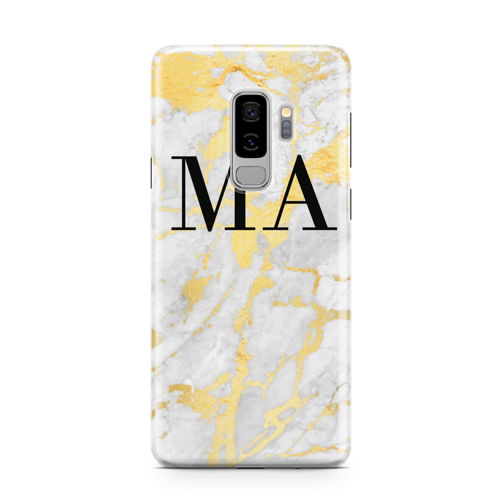 Gold Marble Custom Initials Samsung Galaxy S9 Plus Case on Silver phone