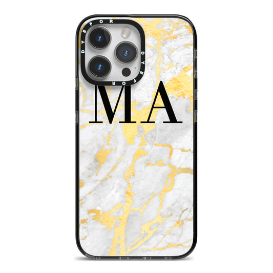 Gold Marble Custom Initials iPhone 14 Pro Max Black Impact Case on Silver phone