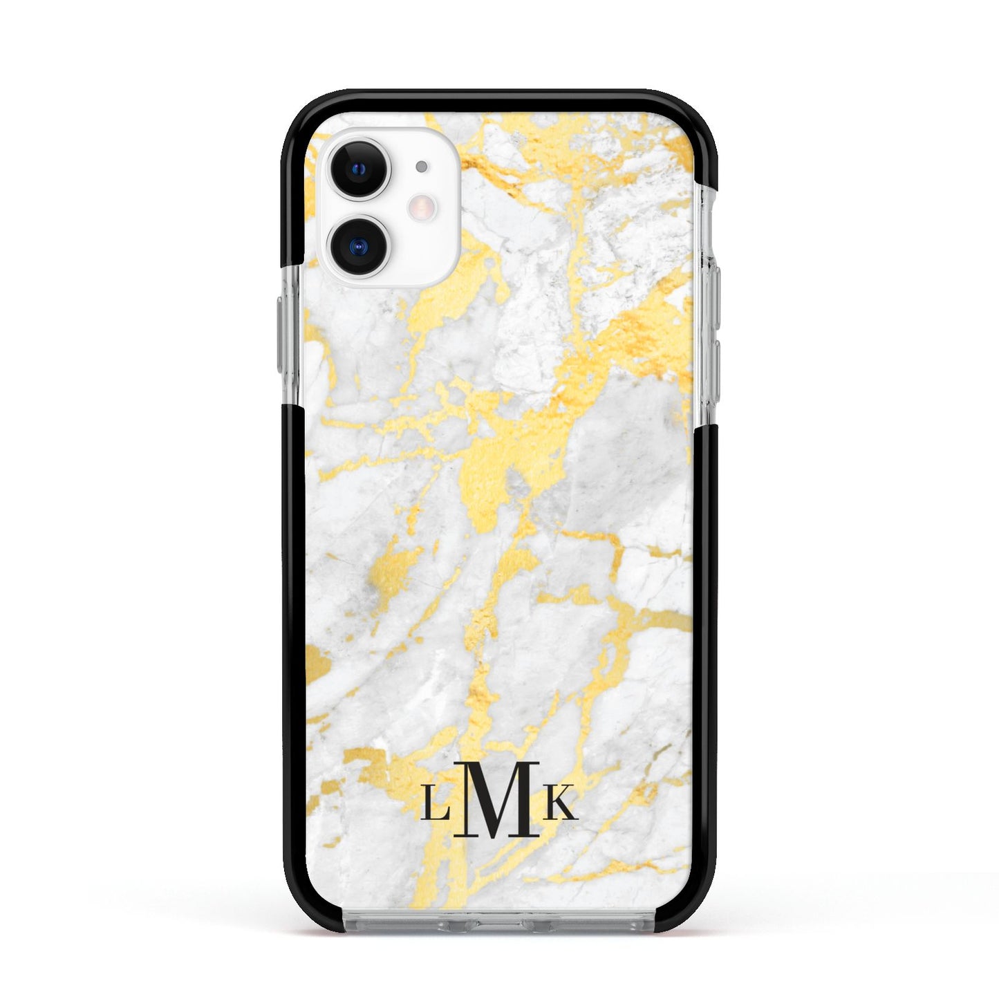 Gold Marble Initials Customised Apple iPhone 11 in White with Black Impact Case