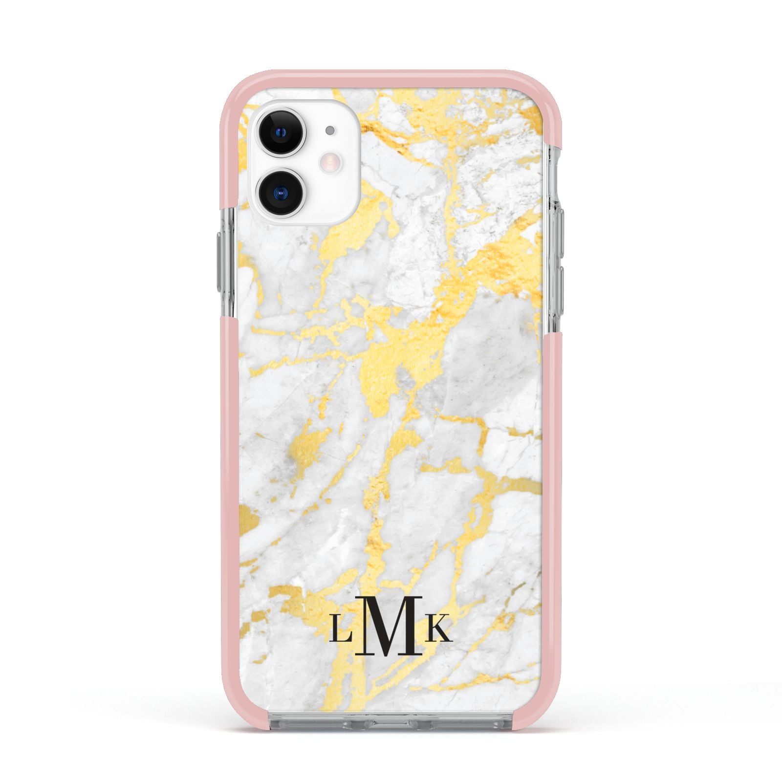 Gold Marble Initials Customised Apple iPhone 11 in White with Pink Impact Case