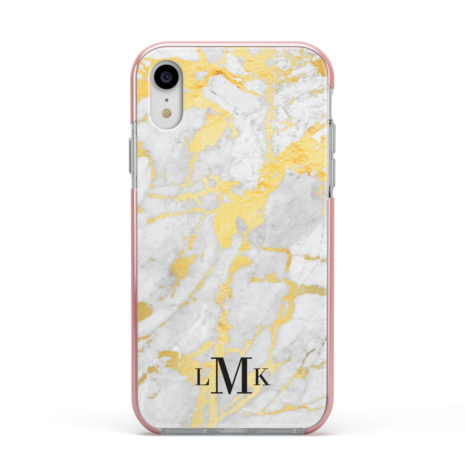 Gold Marble Initials Customised Apple iPhone XR Impact Case Pink Edge on Silver Phone