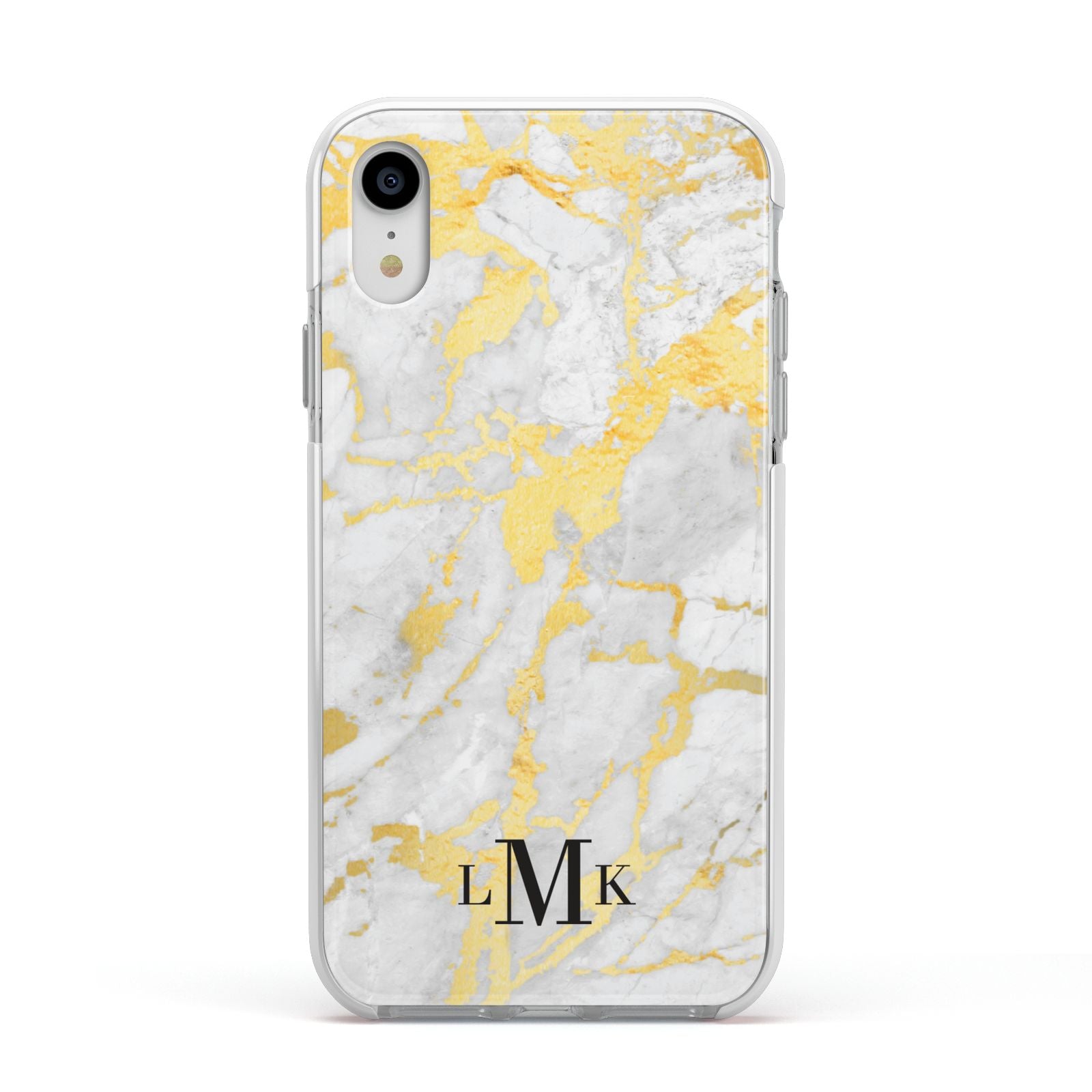 Gold Marble Initials Customised Apple iPhone XR Impact Case White Edge on Silver Phone