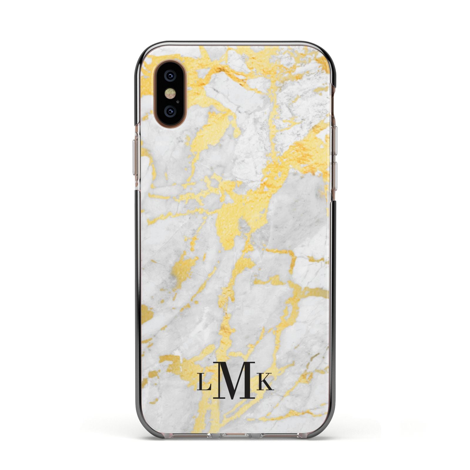 Gold Marble Initials Customised Apple iPhone Xs Impact Case Black Edge on Gold Phone