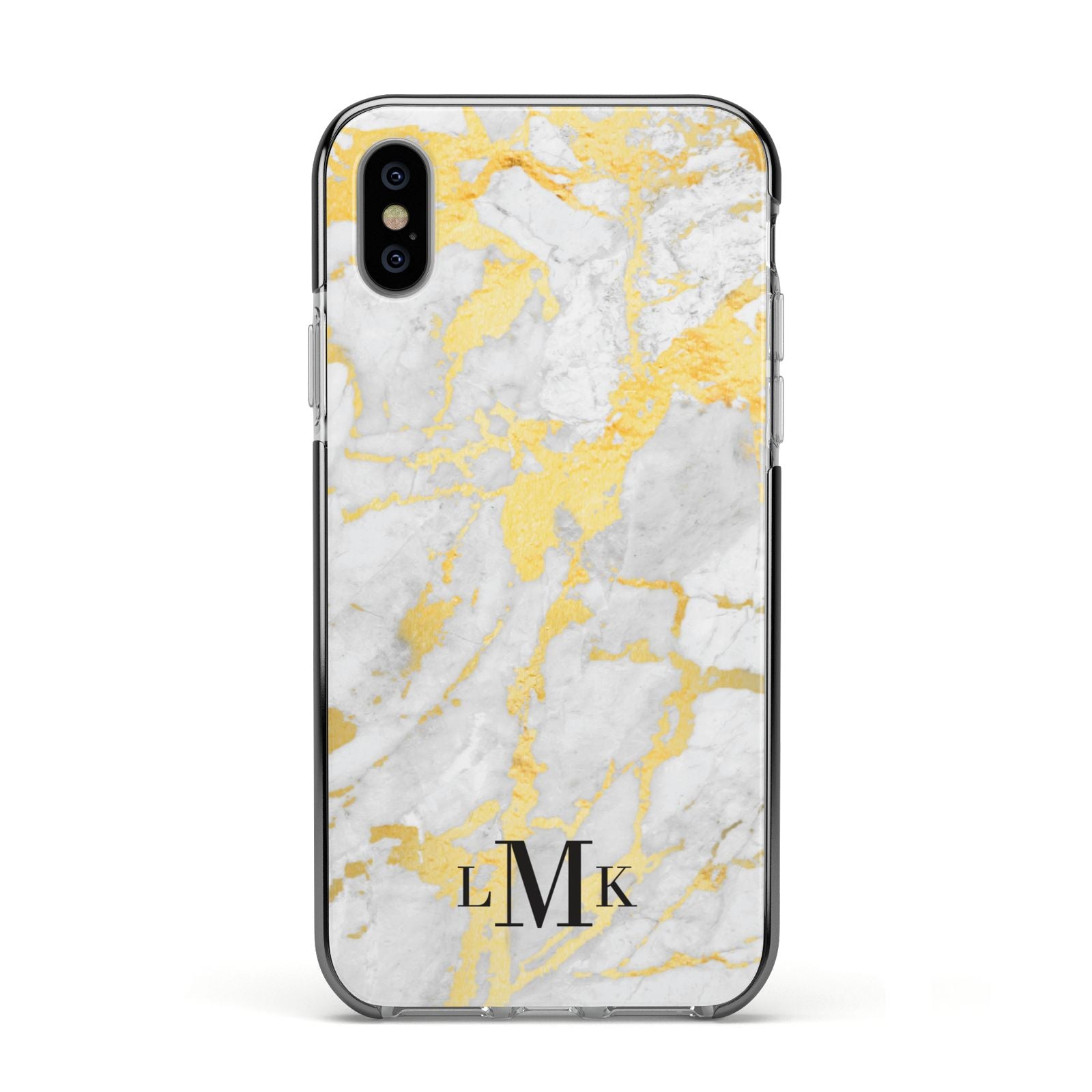 Gold Marble Initials Customised Apple iPhone Xs Impact Case Black Edge on Silver Phone